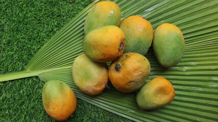 Heap of Mangoes on green leaf nature background. Fresh and organic mangos