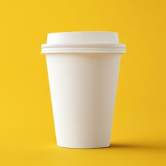 White paper coffee cup with lid on bright yellow background, simple takeaway drink container for design