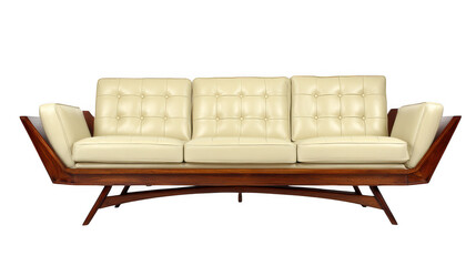 Elegant cream leather tufted three seater sofa with a rich wooden frame isolated on transparent background