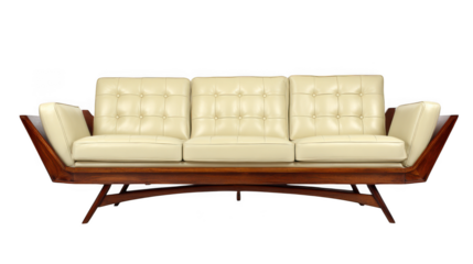 Elegant cream leather tufted three seater sofa with a rich wooden frame isolated on transparent background