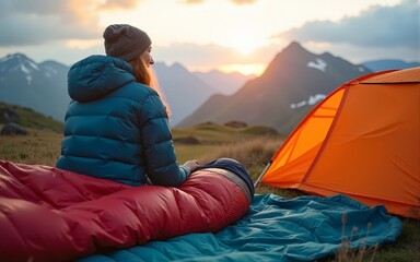 Woman with sleeping bag and tent camping gear hiking in mountains active travel vacations outdoor tour, traveler girl climbing in Norway adventure trip in wilderness healthy lifestyle freedom concept