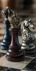 Elegant chess pieces on a marble chessboard in refined detail