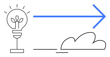 Light bulb with a sprouting plant signifies growth and creativity a blue arrow symbolizes direction and forward momentum a cloud for expansion and innovation. Ideal for innovation, creativity