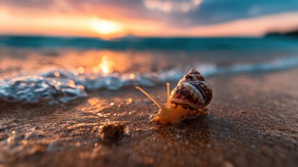A close-up image of a snail on sandy beach terrain, with gentle waves and a setting sun in the background, representing nature's slow beauty and serenity at the seaside.