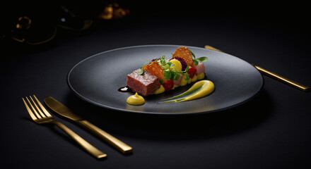 Gourmet Beef Steak Dish Fine Dining Restaurant Elegant Black Plate Gold Cutlery Modern Cuisine