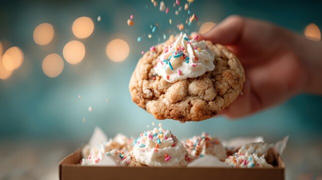 A freshly baked cookie topped with fluffy whipped cream and vibrant confetti sprinkles, exuding a sense of playfulness and delight, perfect for festive occasions.