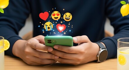 Smartphone with Floating Emojis | Man Using Mobile Phone for Social Media, Communication, and Online Engagement