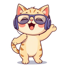 Cute cartoon cat character wearing headphones dancing joyfully, fun animal illustration perfect for kids, stickers, and playful decor