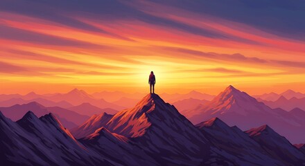 sunrise over vibrant mountains, person at top with copy space below, under studio lights., digital illustration