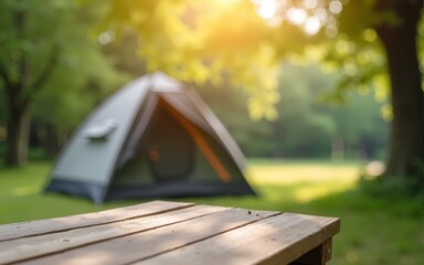 Relaxing holiday. Travel and camping adventure lifestyle in park with outdoor tent and wooden table on blur background. High quality