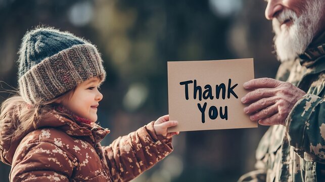 A heartwarming moment: Child expressing gratitude to veteran with a Thank You card