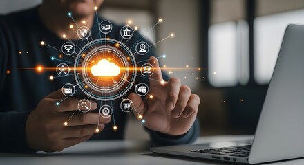 Man accessing cloud computing network connecting application icons for business technology concept