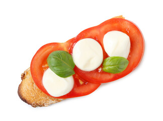 Tasty sandwich with mozzarella cheese, tomato and basil on white background, top view