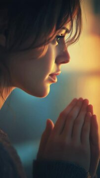 Young woman praying with hands clasped while looking thoughtful  