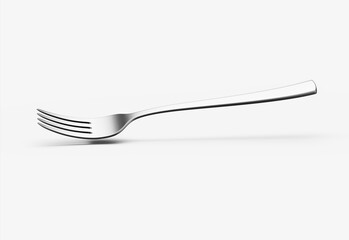 A sleek stainless steel fork with a reflective finish and a slightly curved handle. 3D Illustration