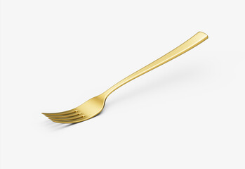 A sleek gold-plated fork with a reflective finish and a slightly curved handle. 3D Illustration