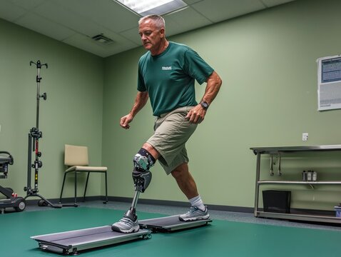 Amputee Veteran Recovering Mobility Using Prosthetic Leg and Balance Board in Physiotherapy Room