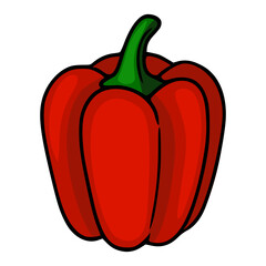 A vibrant vector illustration of a single, ripe red bell pepper with a distinct green stem, presented in a bold, cartoonish style against a clean white background.