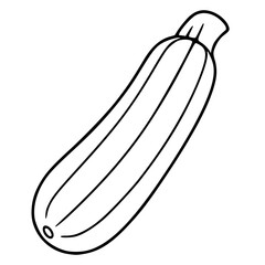 A vector illustration of a single zucchini, depicted in a simple, hand-drawn style with bold black outlines against a white background, showcasing its elongated shape and characteristic ribbed text...