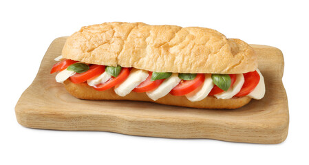 Tasty sandwich with mozzarella cheese, tomatoes and basil isolated on white