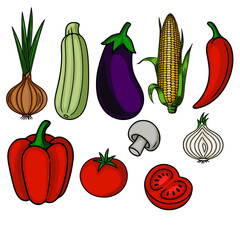 Vibrant vector illustration of a diverse collection of hand-drawn vegetables, including zucchini, eggplant, corn, chili pepper, onion, garlic, bell pepper, tomato, and mushroom, showcasing a lively...