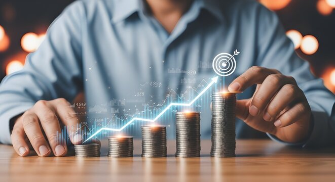 Business person stacking coins showing financial growth and success chart overlay concept