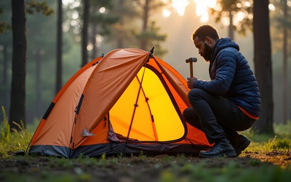Camping, tent and black man setup in nature for shelter on outdoor holiday, vacation and adventure, Campsite, traveling and male person with hammer for pins for gear in woods, forest and countryside - Powered by Adobe