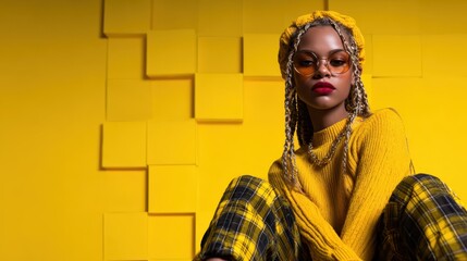 A fashionable model with braided hair and stylish accessories poses confidently in front of a bright yellow wall, showcasing contemporary urban fashion and vibrant energy.