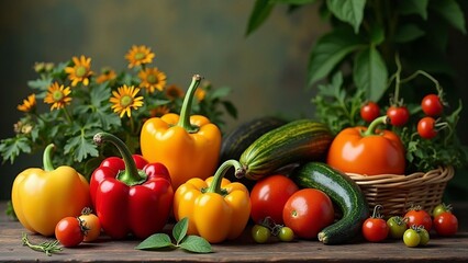 Estate, verdure ed ortaggi di stagione per dieta sana e mediterranea: peperoni, cetrioli, pomodori e zucchine