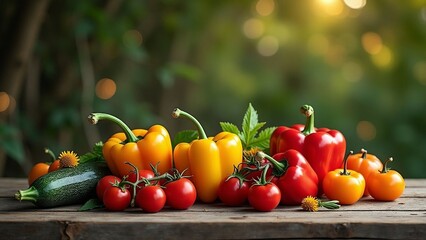 Estate, verdure ed ortaggi di stagione per dieta sana e mediterranea: peperoni, cetrioli, pomodori e zucchine