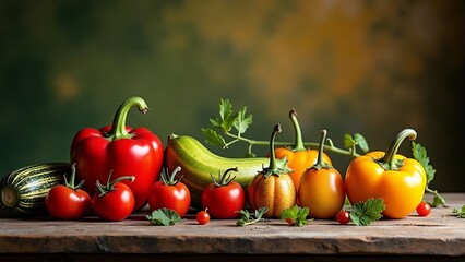 Estate, verdure ed ortaggi di stagione per dieta sana e mediterranea: peperoni, cetrioli, pomodori e zucchine