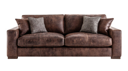 Fototapeta premium Comfortable distressed brown leather sofa with textured grey cushions isolated on transparent background