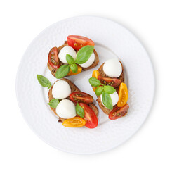 Tasty sandwiches with mozzarella cheese, tomatoes and basil isolated on white, top view
