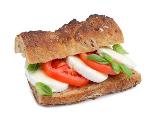 Tasty sandwich with mozzarella cheese, tomatoes and basil isolated on white