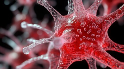 Microscopic view of red cells with numerous branches and small bubbles.