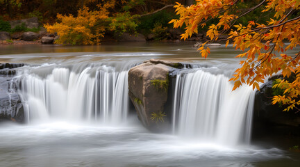 Waterfall Flowing Through a Flame-Colored Forest
