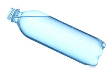 Plastic bottle with clean water in air on white background