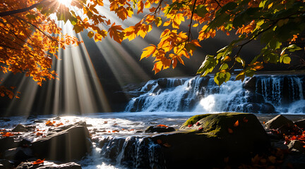 Waterfall Flowing Through a Flame-Colored Forest
