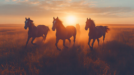 Fototapeta premium Majestic horses galloping in a sunlit field at sunset, creating a serene and vibrant atmosphere