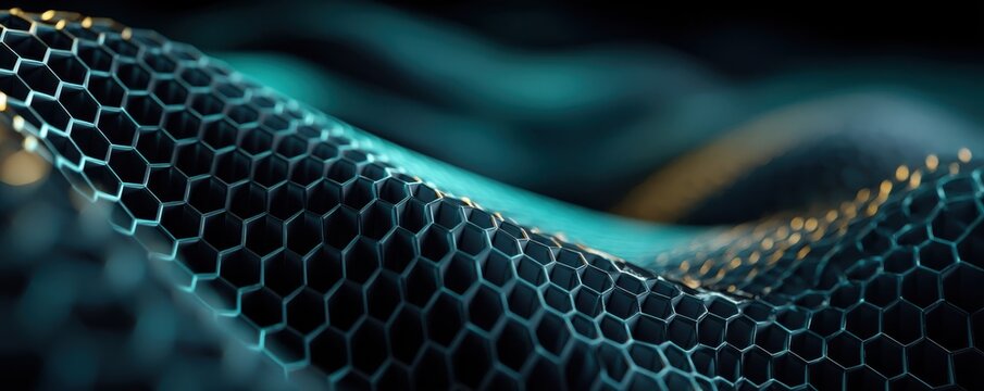 Abstract close-up of a futuristic wave-like hexagonal network surface
