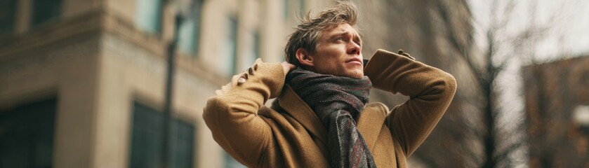 Fototapeta premium Young Man in Brown Coat Standing Outdoors in Urban Setting