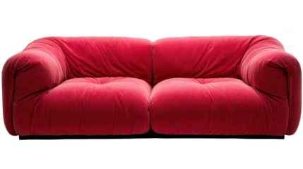 Plush red two seater sofa with deep tufted cushions and rounded arms isolated on transparent background