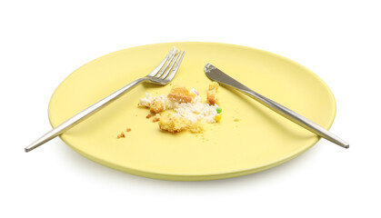 Dirty plate with crumbs, cream and cutlery isolated on white