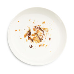 Dirty plate with crumbs and sauce isolated on white, top view