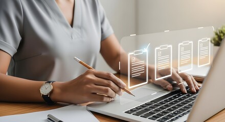 Document Approval Process - Woman Typing on Laptop with Digital Checklist | Business Workflow, Project Management, and Compliance Illustration for Corporate Presentations