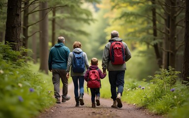 Multi generation family walking in line downhill on a trail in a forest during a camping holiday, Lake District, UK. High quality