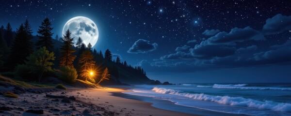 Naklejka premium a celestial forest meeting the sea under a double moon sky, starlight shimmering on treetops and tide dancing with light.