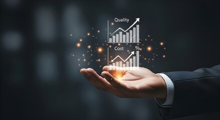 Hand holding holographic graphs showing increasing Quality and Cost metrics for business growth.