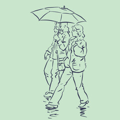 two girls walking with umbrella vector for illustration card decoration 