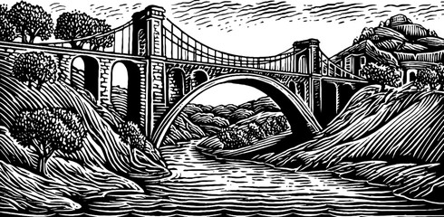 Fototapeta premium Airy glass footbridge between terraces in vintage black and white hand drawn style